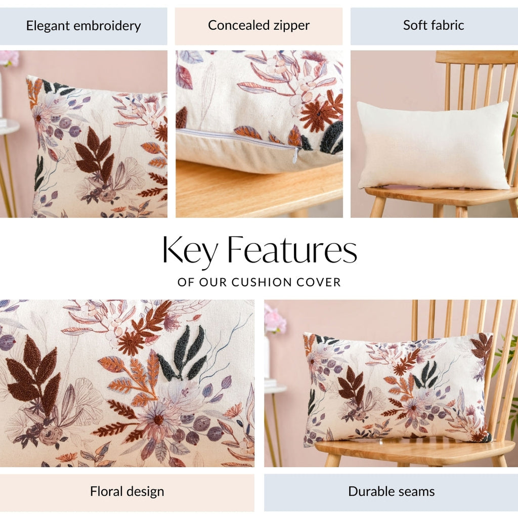 Floral Meadow Embroidered Cotton Cushion Cover 50x30cm Nestasia