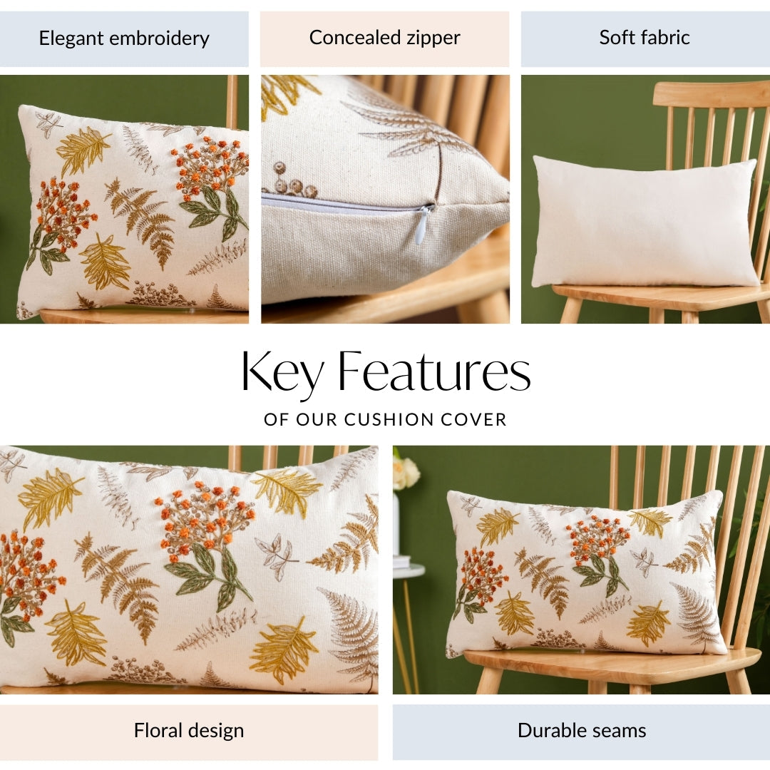 Floral Minimalism Embroidered Cotton Slub Cushion Cover 50x30cm Nestasia