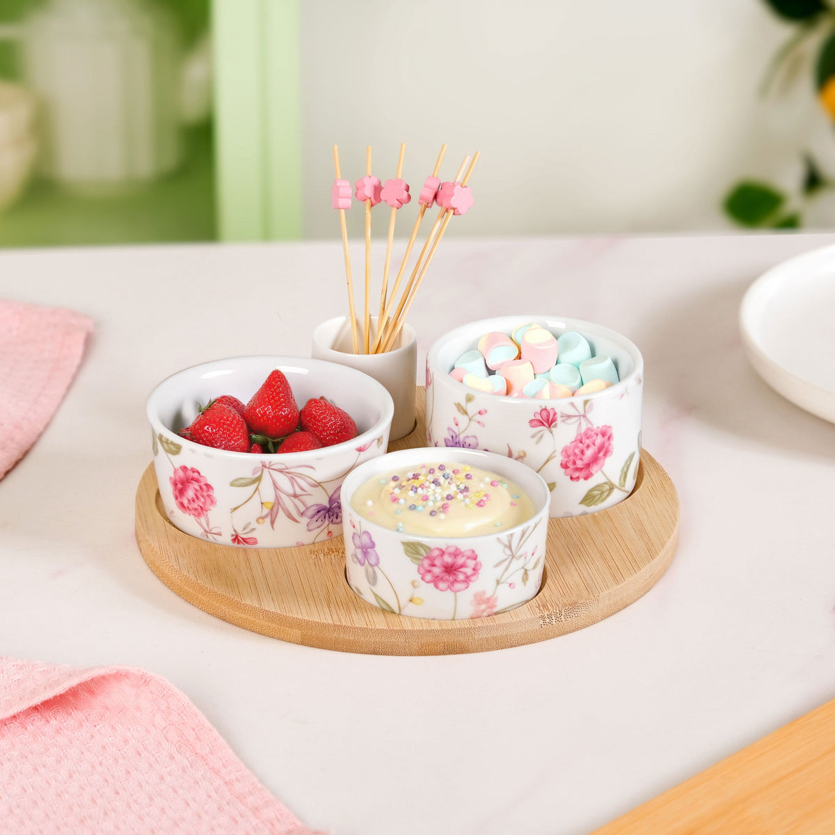 Soft Girl Floral Print Bowls With Tray And Toothpick Holder Set Of 6 Nestasia