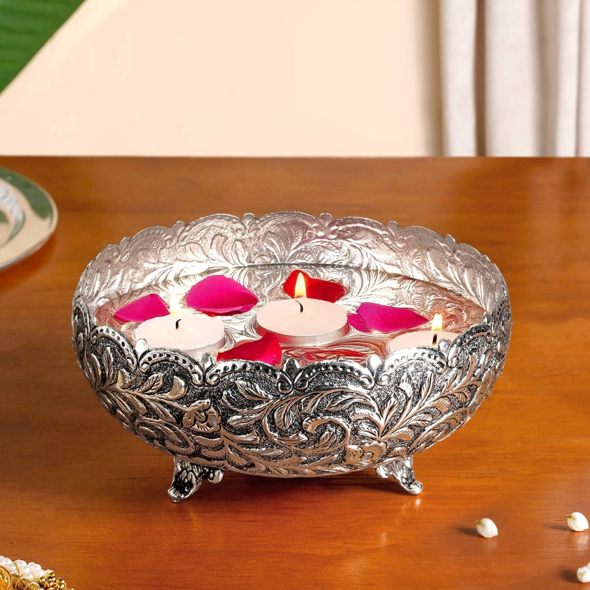 Floral Pure Brass Urli With Silver Polish 17cm Nestasia