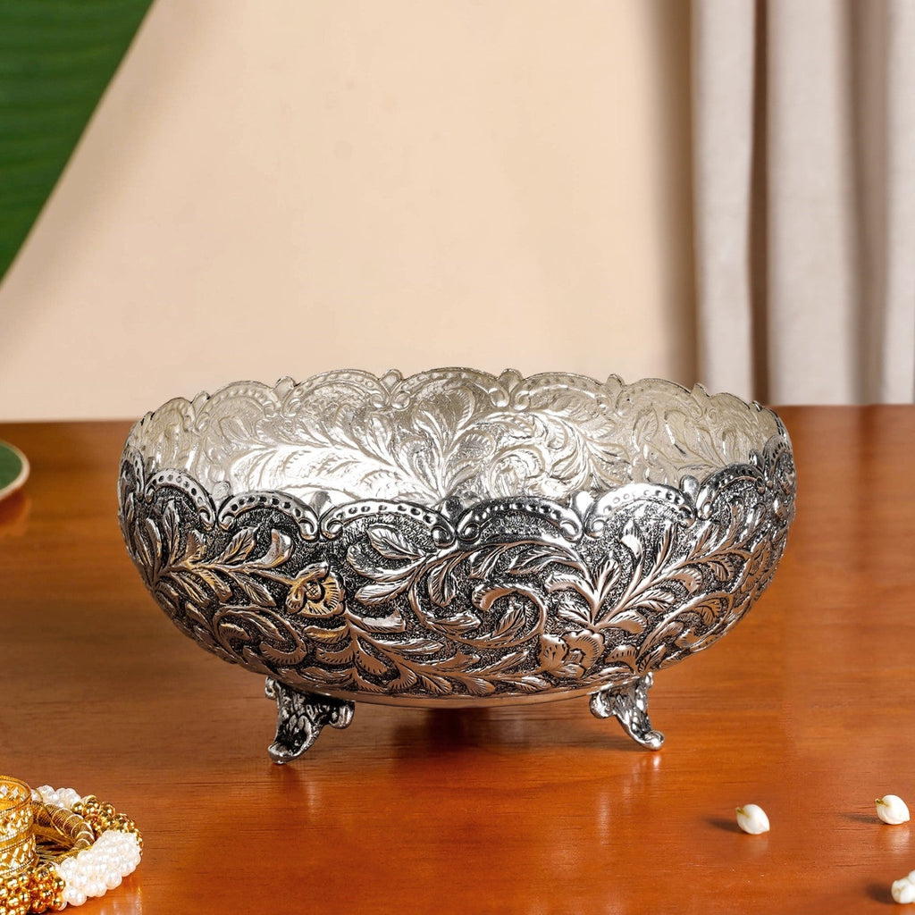 Floral Pure Brass Urli With Silver Polish 17cm Nestasia