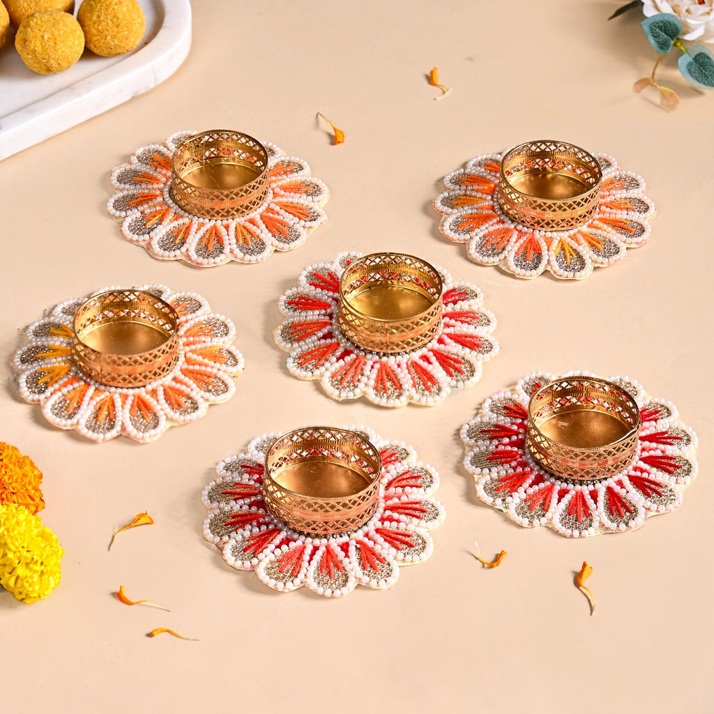 Applique Petal Tea Light Holders With Faux Pearls Set Of 6 Nestasia