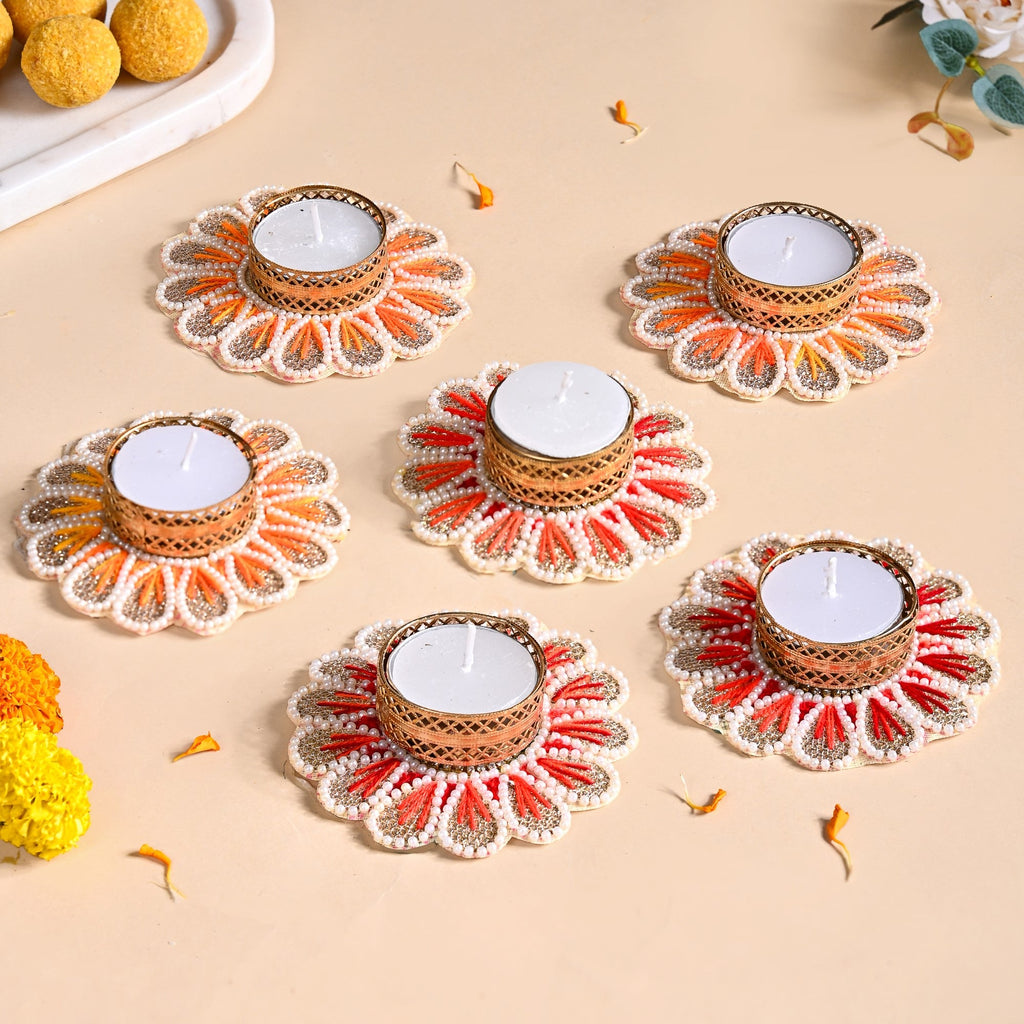 Applique Petal Tea Light Holders With Faux Pearls Set Of 6 Nestasia