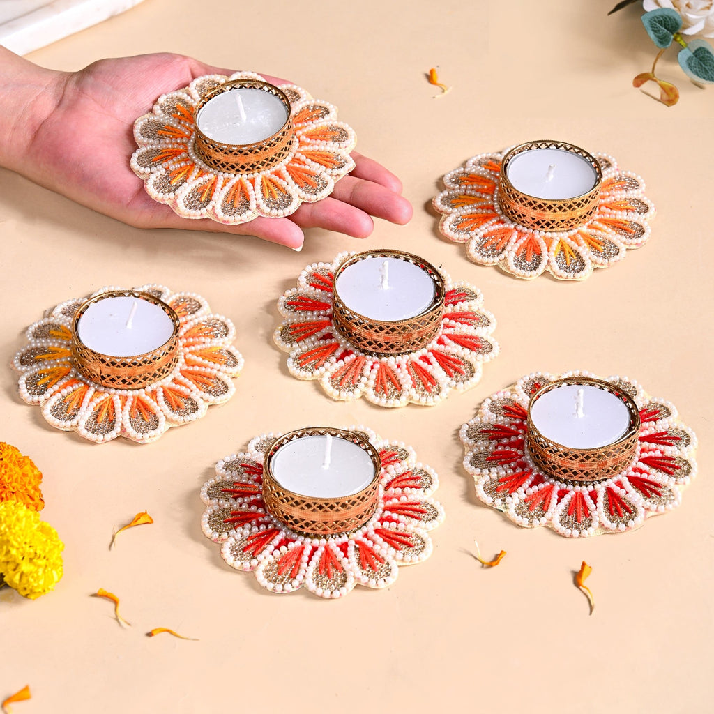 Applique Petal Tea Light Holders With Faux Pearls Set Of 6 Nestasia