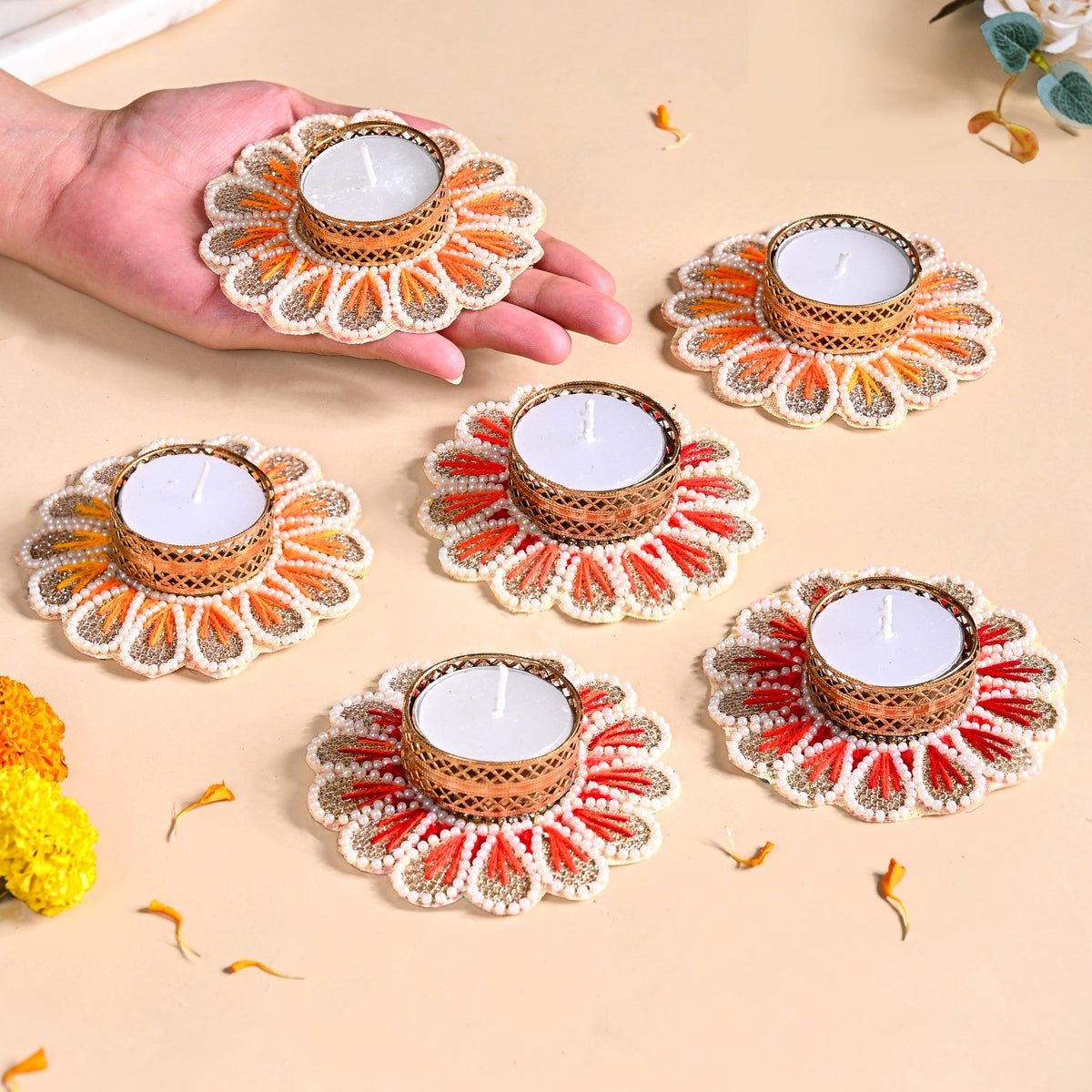 Applique Petal Tea Light Holders With Faux Pearls Set Of 6 Nestasia