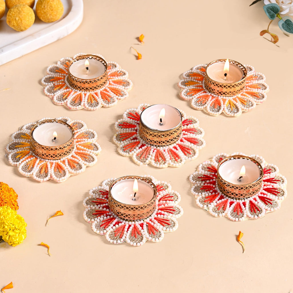 Applique Petal Tea Light Holders With Faux Pearls Set Of 6 Nestasia
