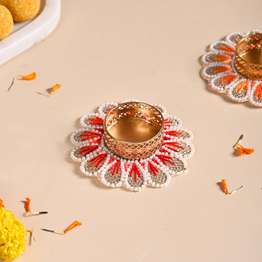 Applique Petal Tea Light Holders With Faux Pearls Set Of 6 Nestasia