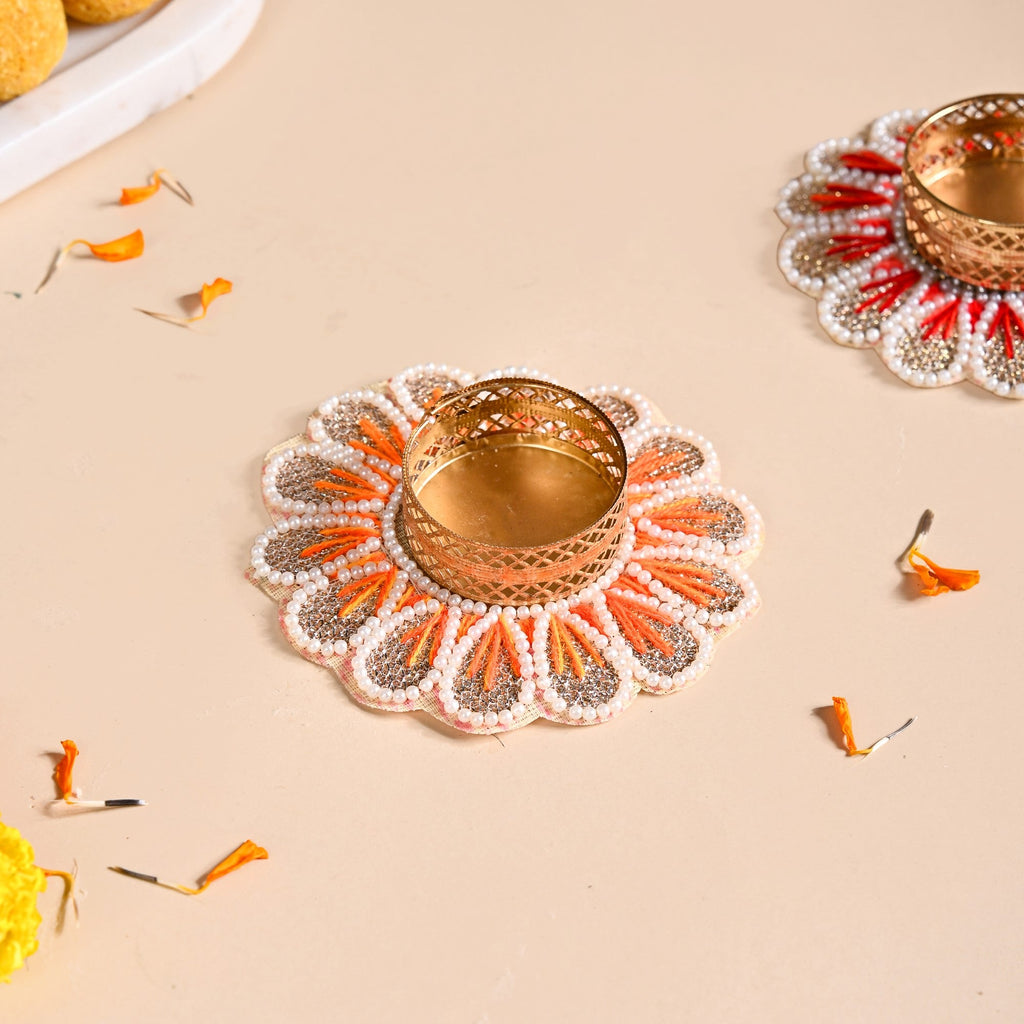 Applique Petal Tea Light Holders With Faux Pearls Set Of 6 Nestasia