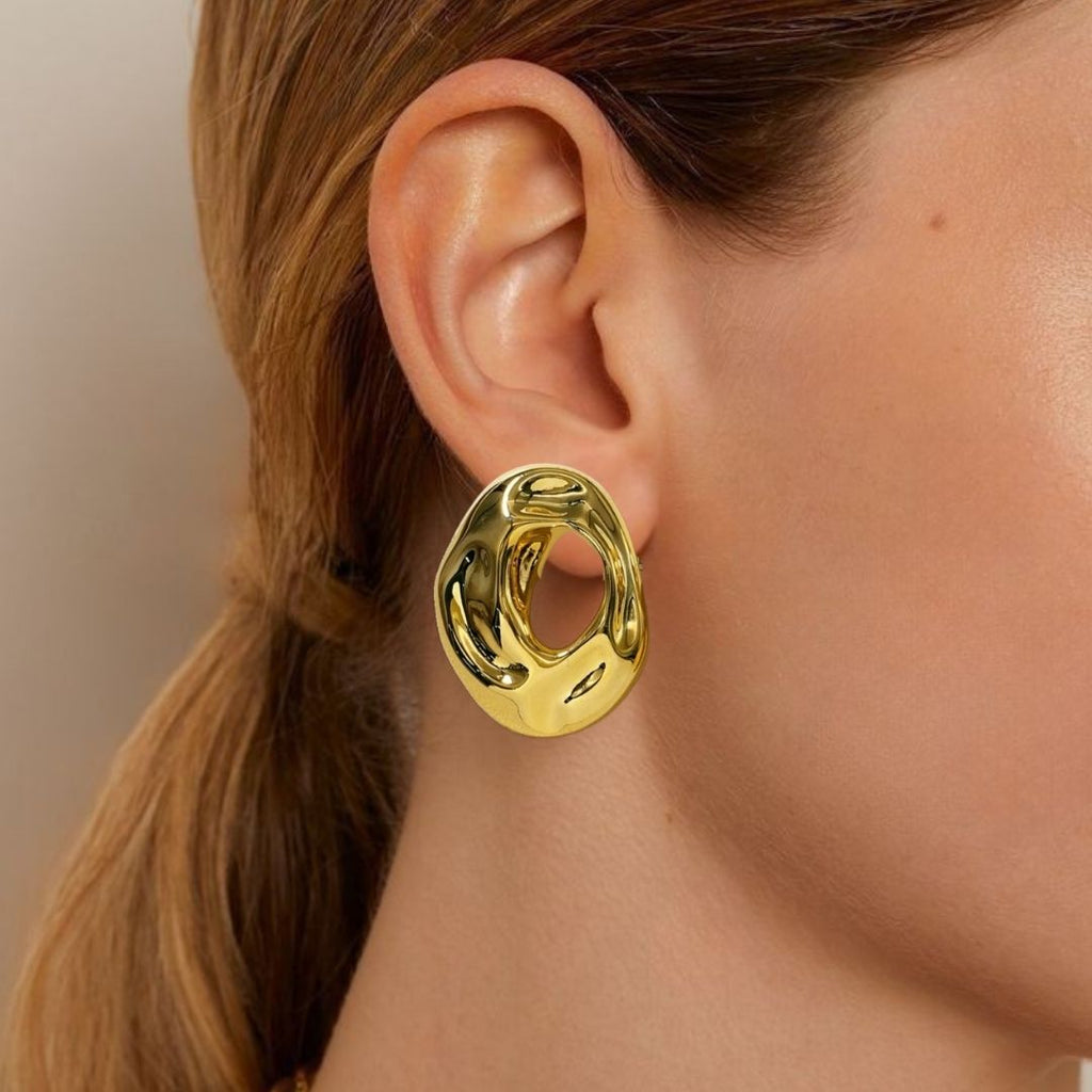 Fluid Hollow Oval Gold Statement Earrings Nestasia