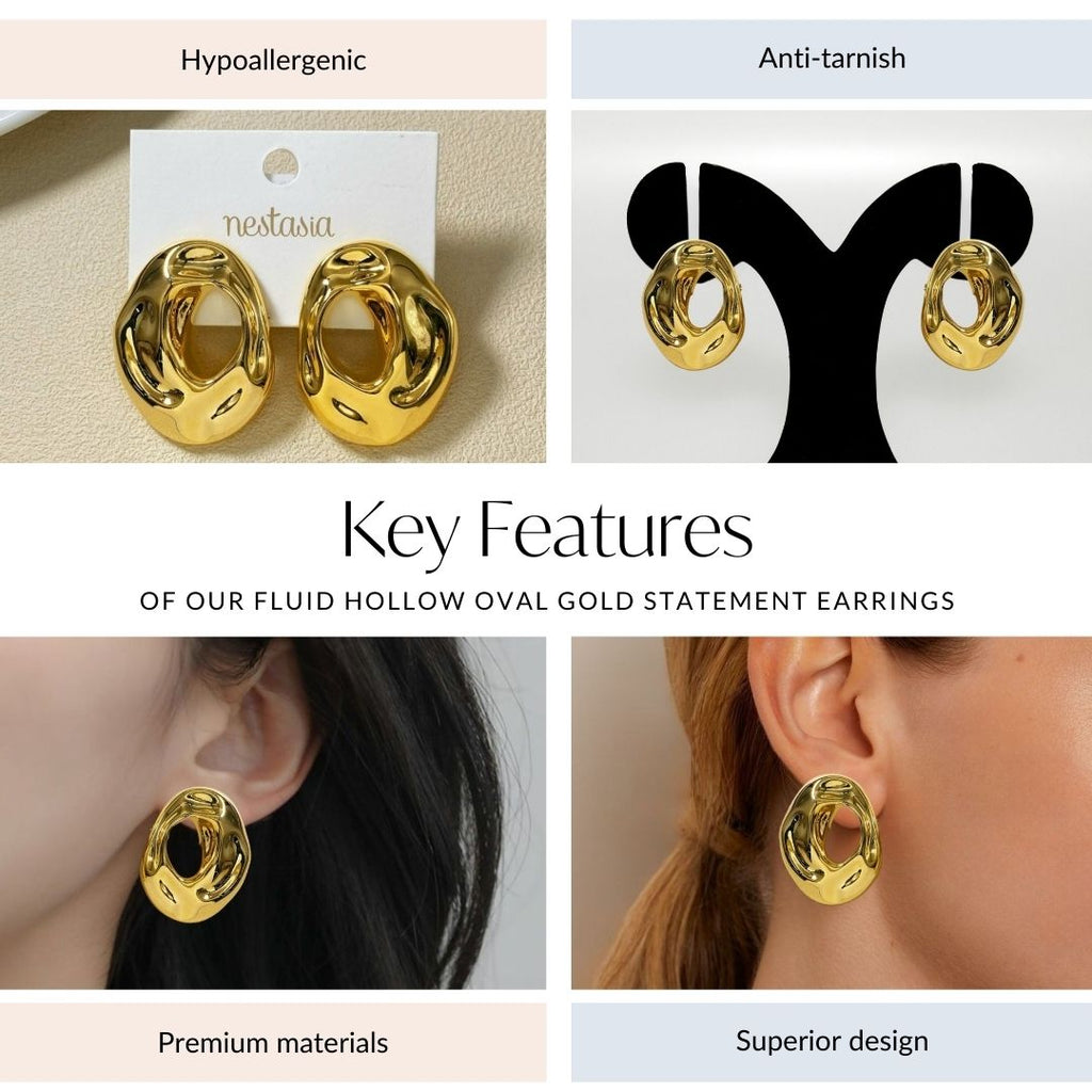 Fluid Hollow Oval Gold Statement Earrings Nestasia
