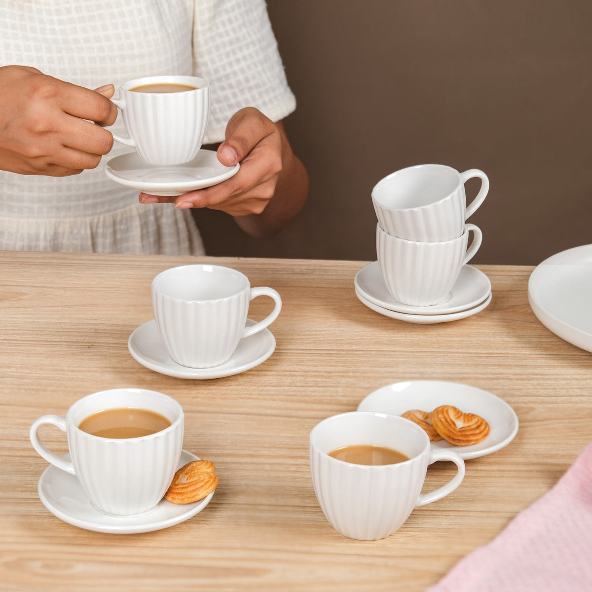 Fluted Ceramic Small Tea Cup And Saucer Set Of 6 100ml Nestasia