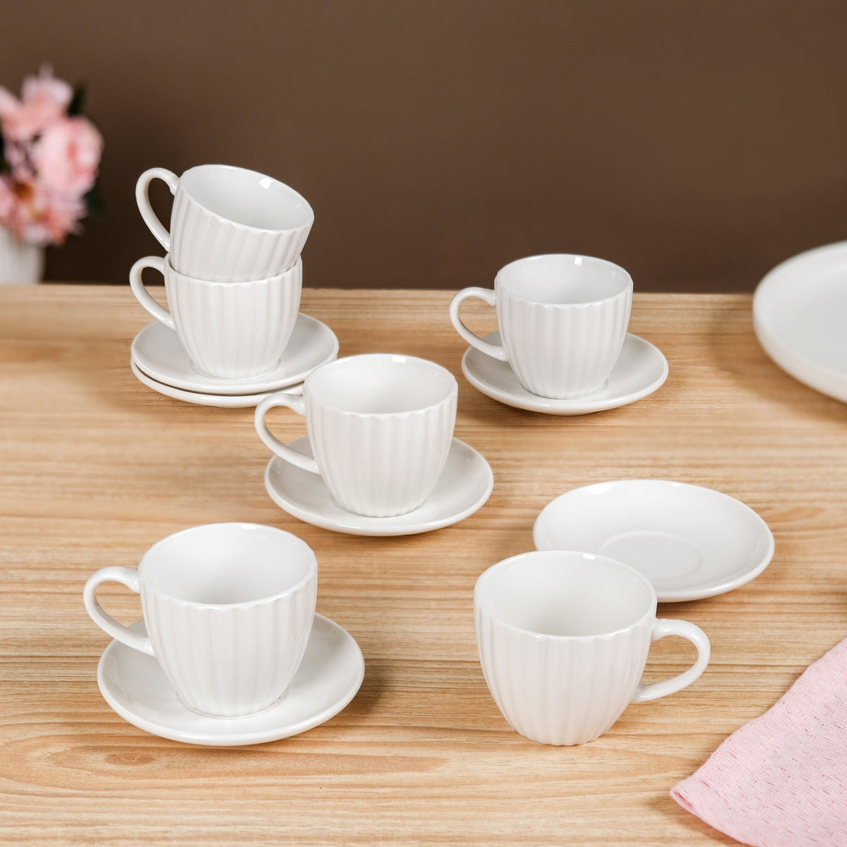 Fluted Ceramic Small Tea Cup And Saucer Set Of 6 100ml Nestasia