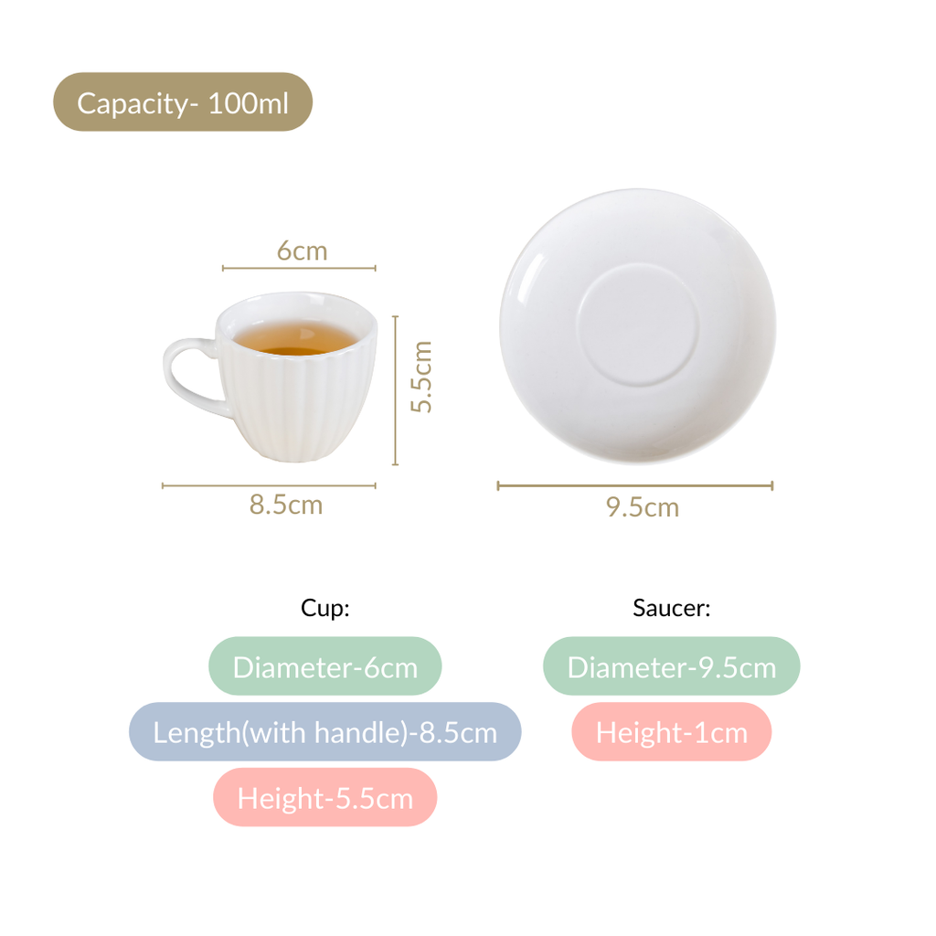 Fluted Ceramic Small Tea Cup And Saucer Set Of 6 100ml Nestasia