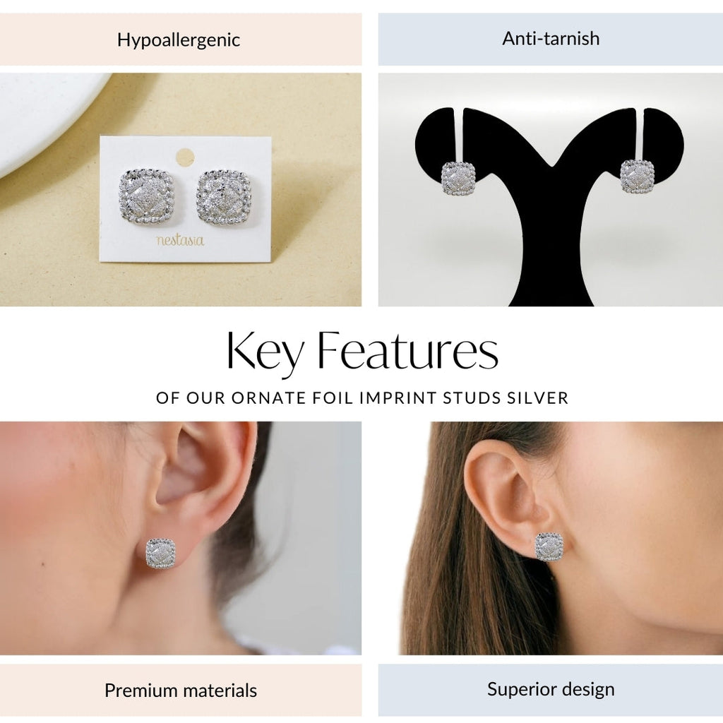 Ornate Foil Imprint Studs Silver Nestasia