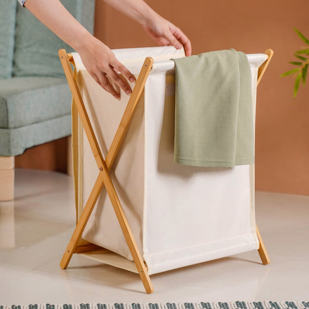 Foldable Bamboo Laundry Basket Off White Nestasia