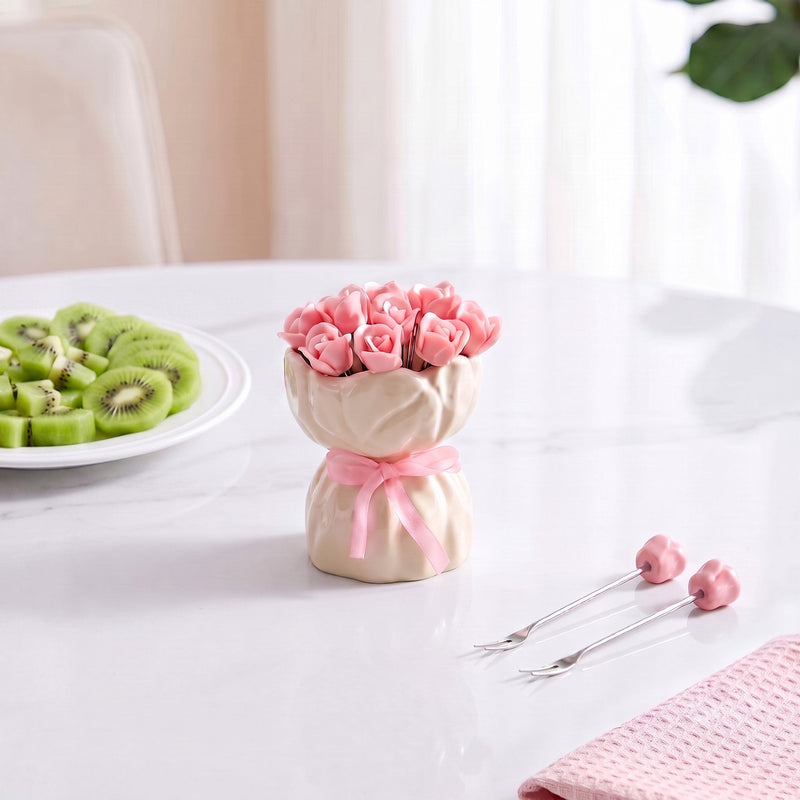 Pink Rose Fruit Fork With Ceramic Vase Set Of 13 Nestasia