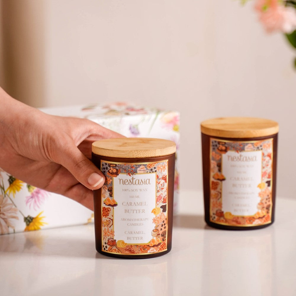 Caramel Scented Candle Jar With Lid Gift Set Of 2 Nestasia