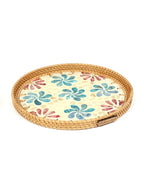 Handwoven Round Cane Tray with Colorful Flower Mosaic for Serving and Decorative Use