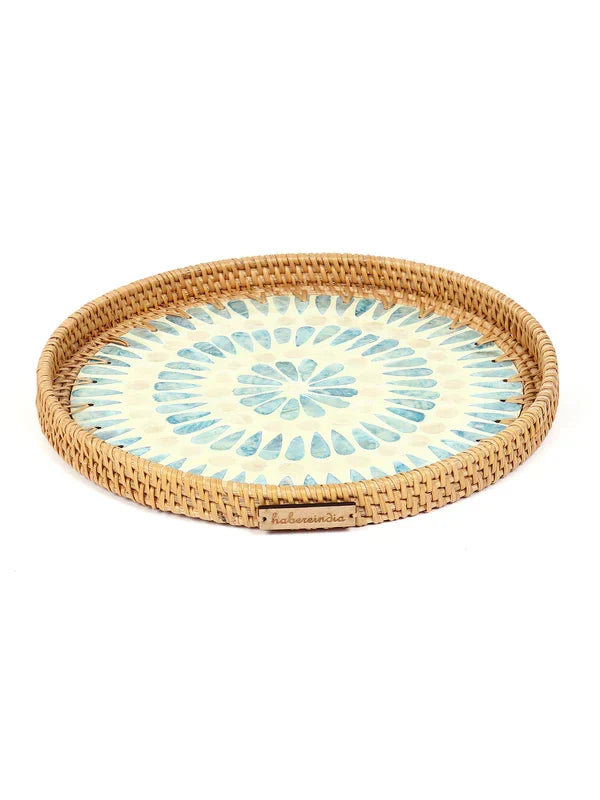 Rustic Handmade Round Cane Tray with Blue Circle Mosaic for Stylish Serving and Display