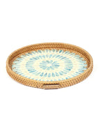 Rustic Handmade Round Cane Tray with Blue Circle Mosaic for Stylish Serving and Display