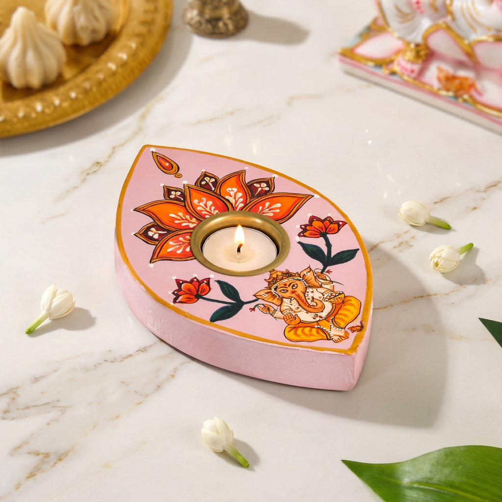 Ganesha Handpainted Wooden Tealight Holder In Gift Box Nestasia