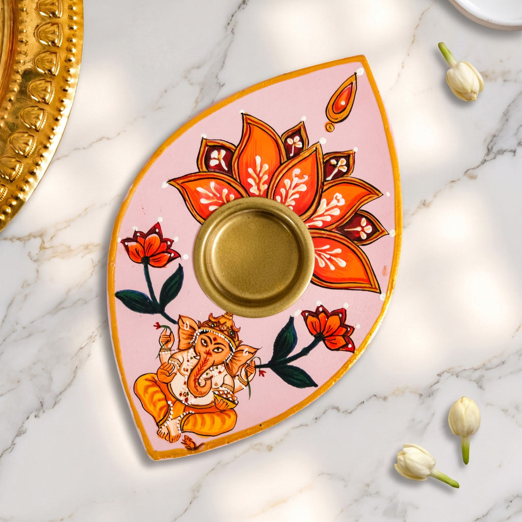 Ganesha Handpainted Wooden Tealight Holder In Gift Box Nestasia