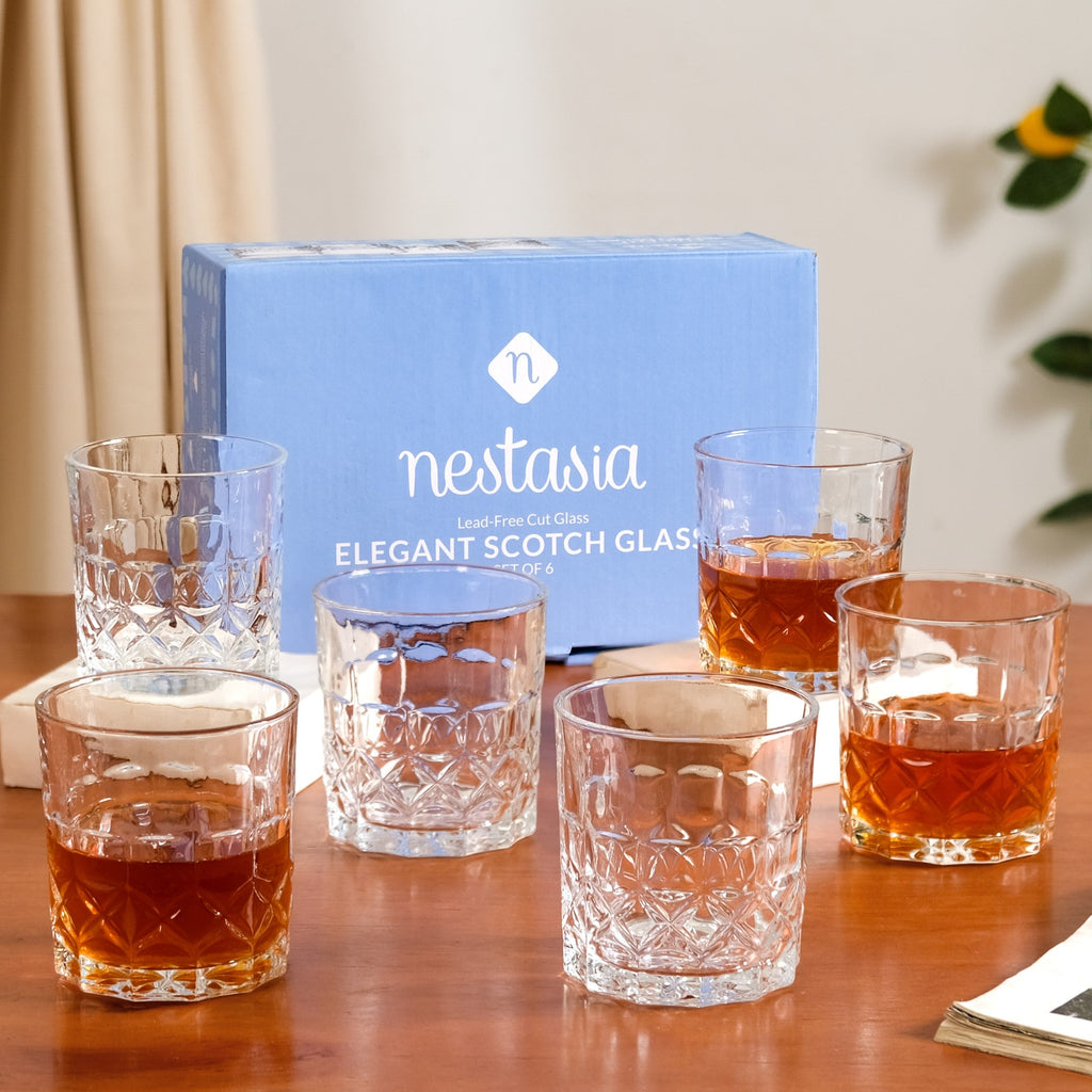 Geometric Embossed Scotch Glass Large Set Of 6 310ml Nestasia