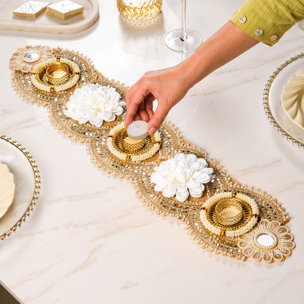 Gilded Garden Table Tealight Runner Nestasia