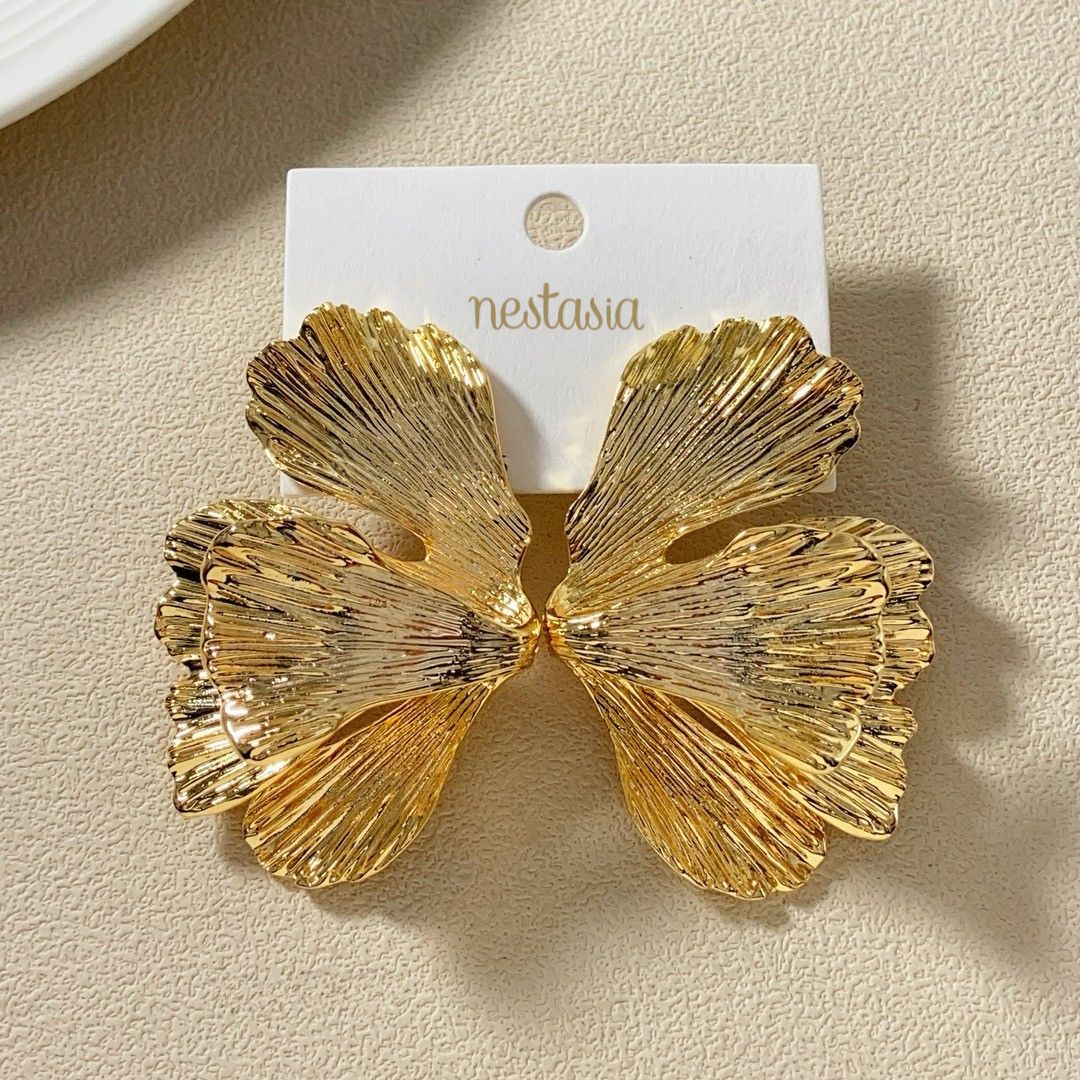 Folded Ginkgo Leaf Statement Earrings Gold Nestasia