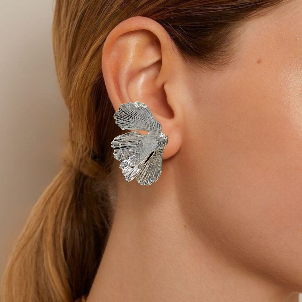 Folded Ginkgo Leaf Statement Earrings Silver Nestasia