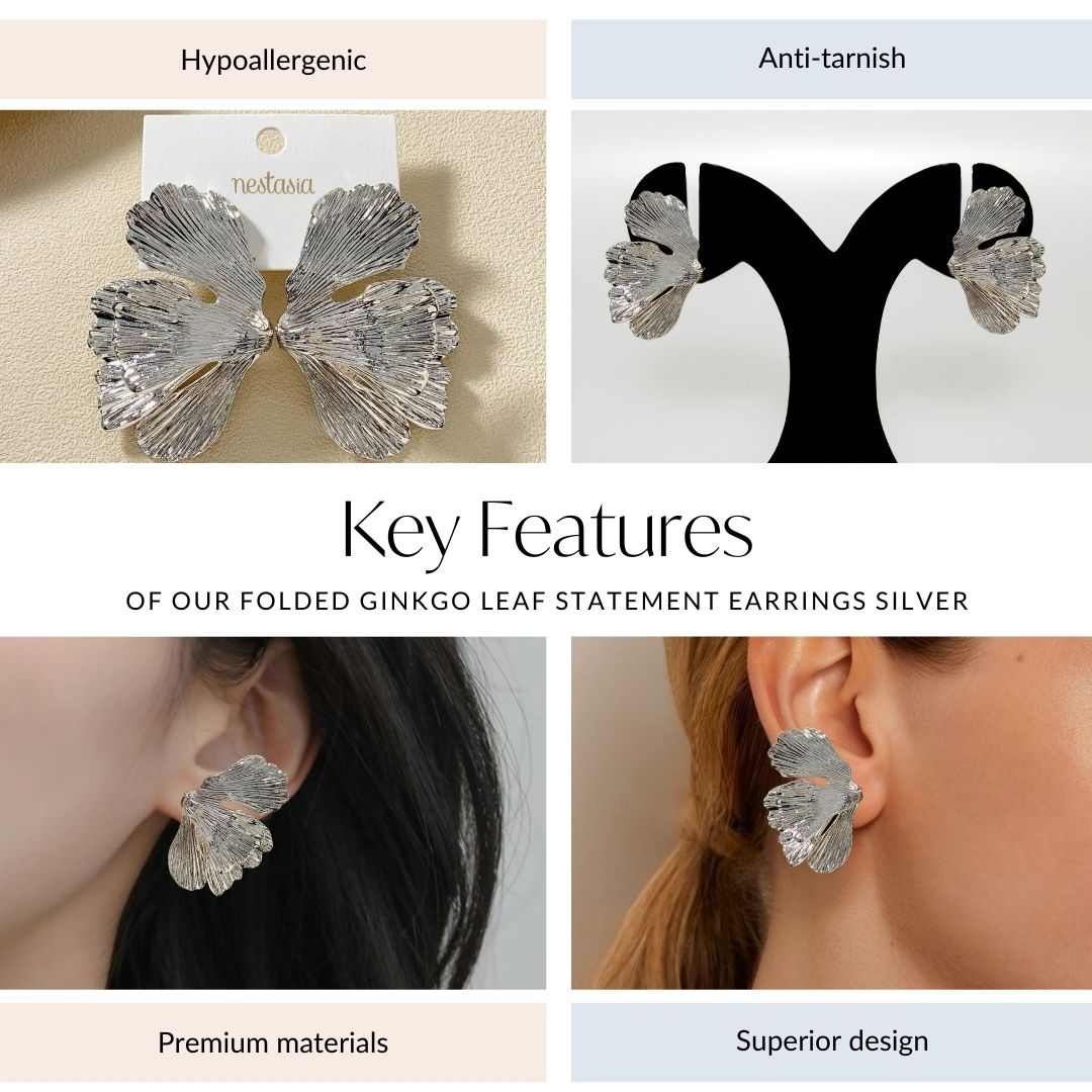 Folded Ginkgo Leaf Statement Earrings Silver Nestasia