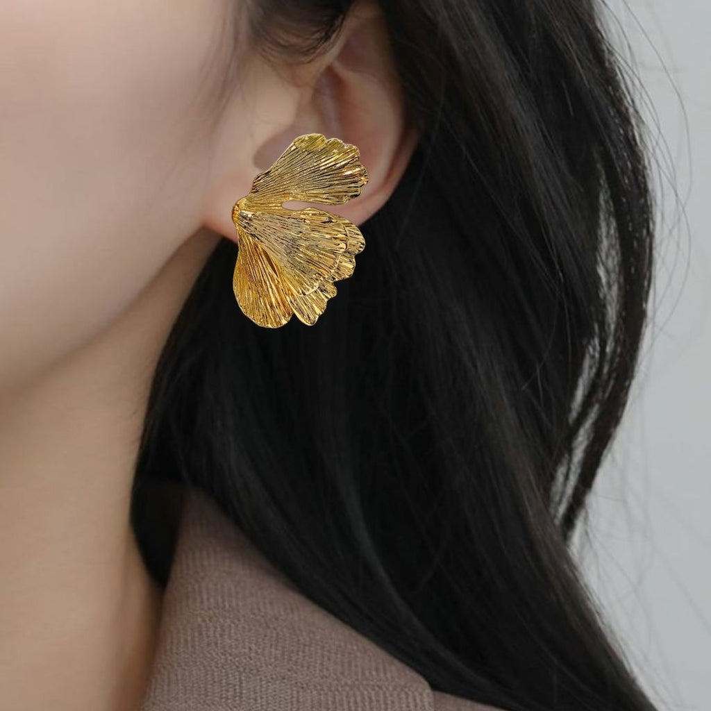 Folded Ginkgo Leaf Statement Earrings Gold Nestasia