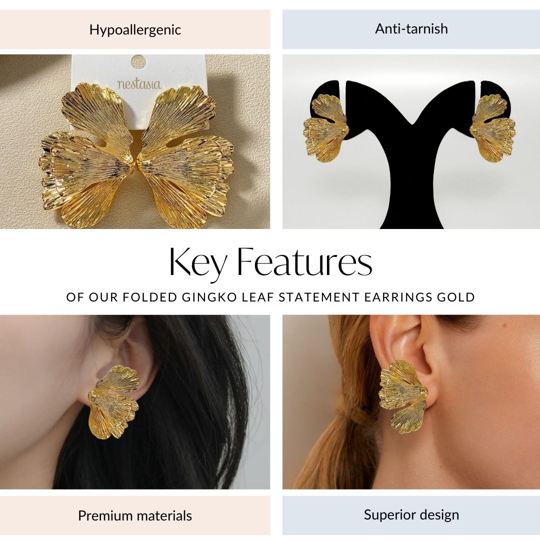 Folded Ginkgo Leaf Statement Earrings Gold Nestasia