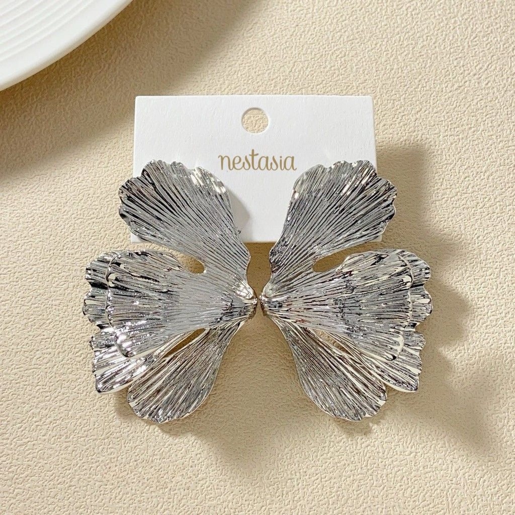 Folded Ginkgo Leaf Statement Earrings Silver Nestasia