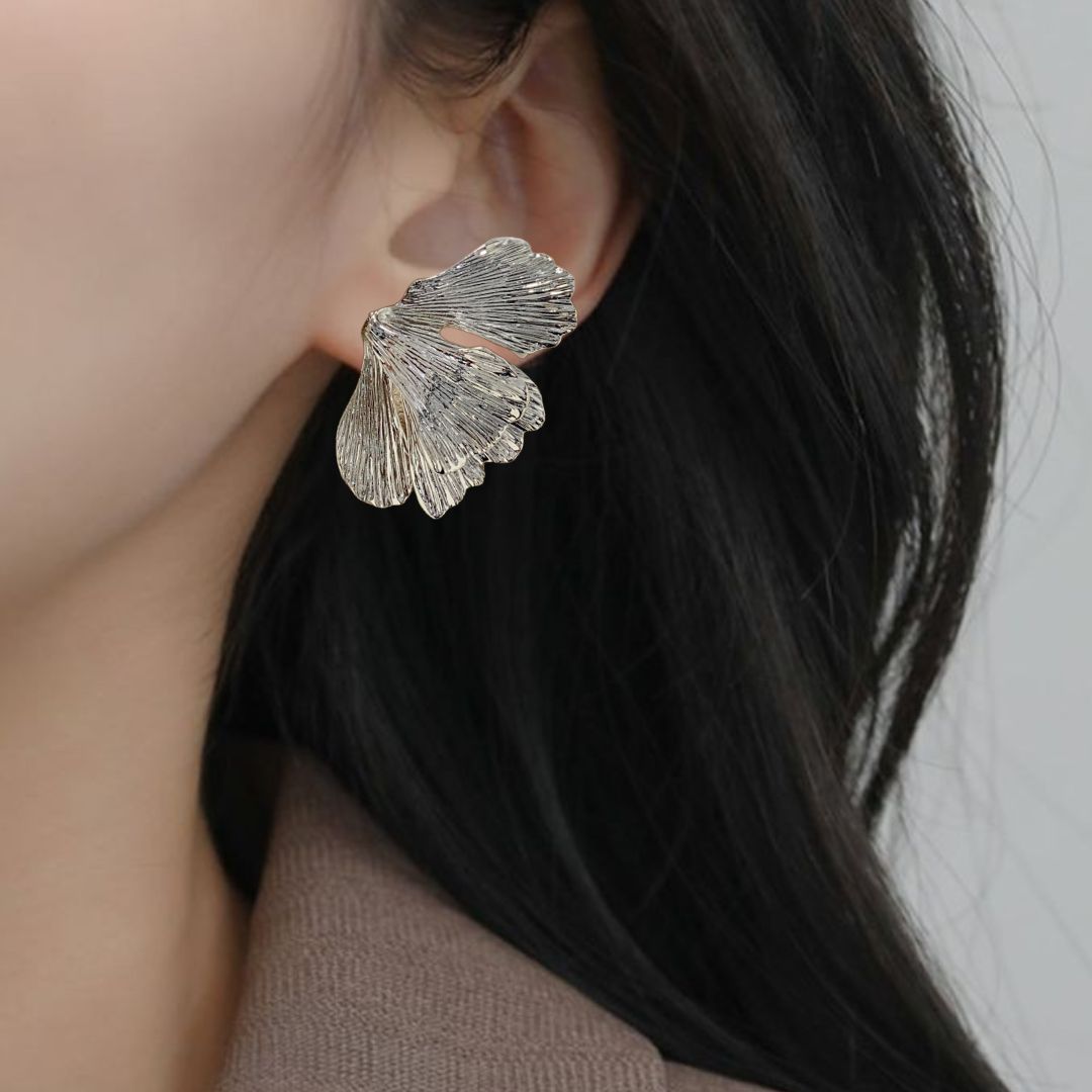 Folded Ginkgo Leaf Statement Earrings Silver Nestasia