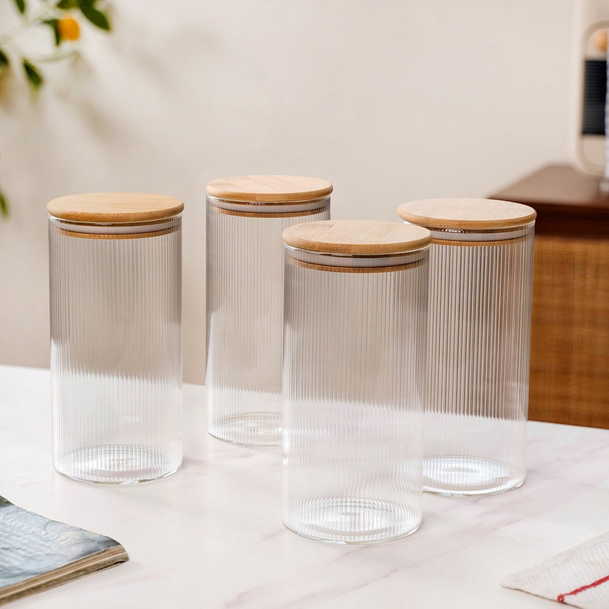 Set Of 4 Tall Fluted Borosilicate Airtight Glass Jar 1500ml Nestasia