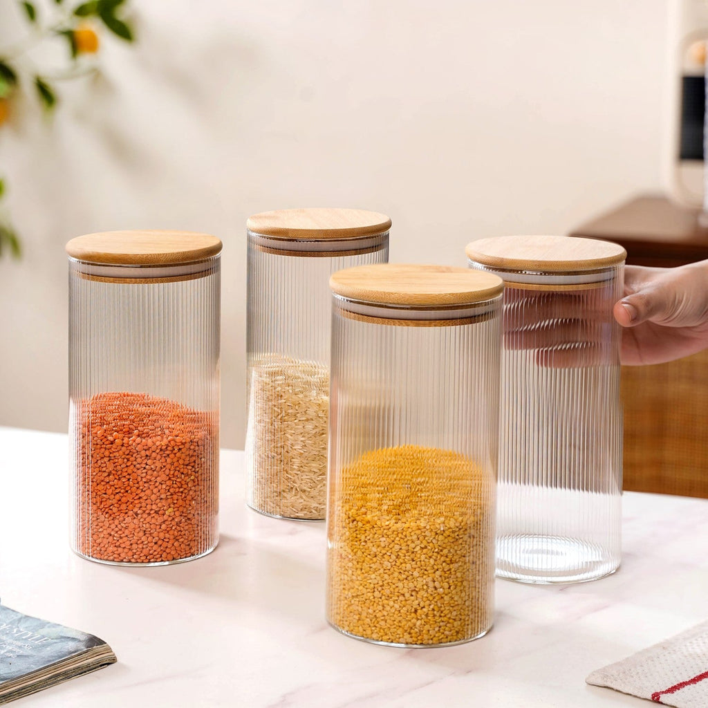 Set Of 4 Tall Fluted Borosilicate Airtight Glass Jar 1500ml Nestasia