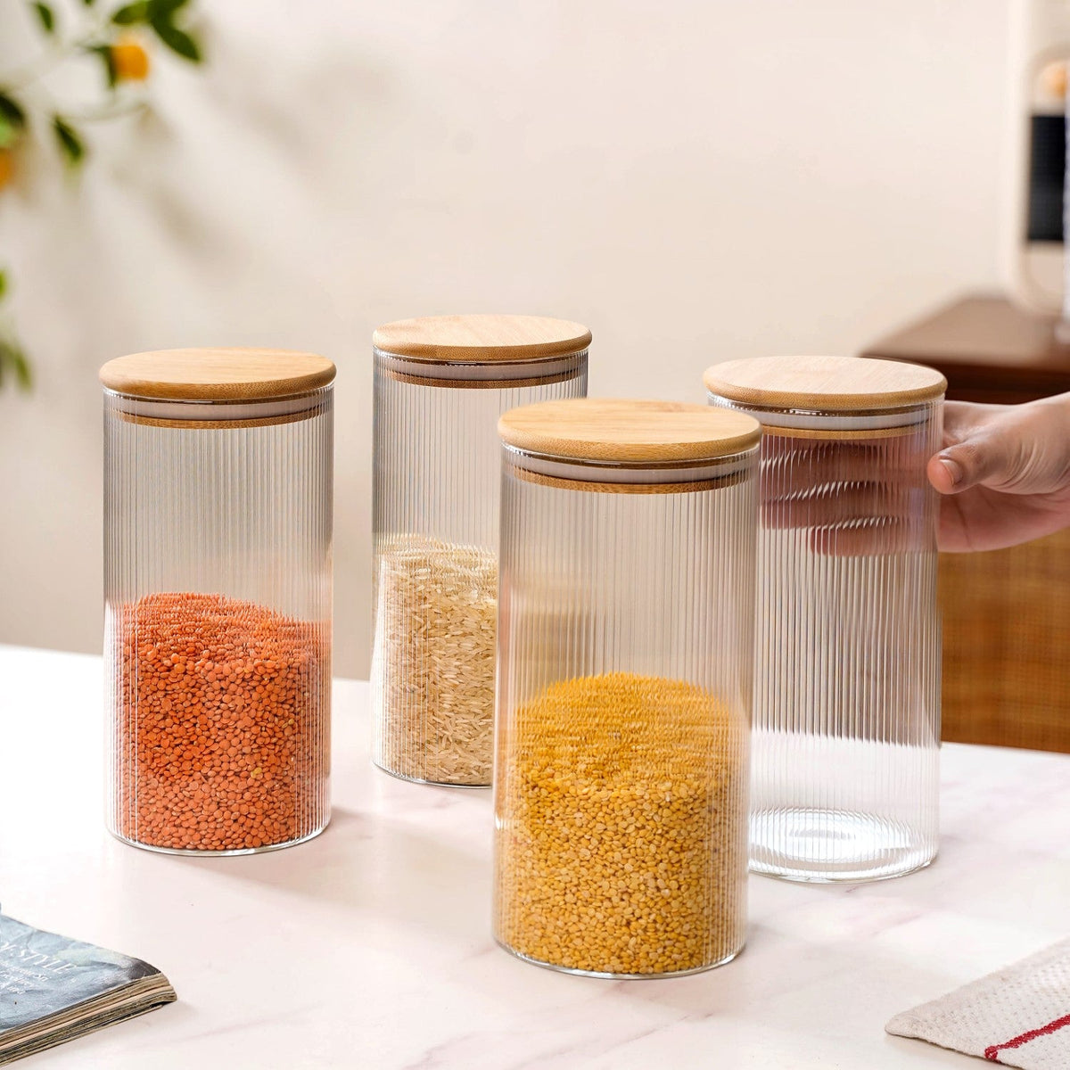 Set Of 4 Tall Fluted Borosilicate Airtight Glass Jar 1500ml Nestasia
