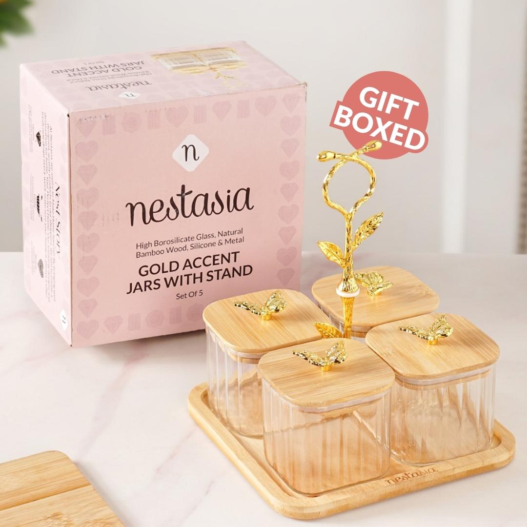 Gold Accent Jars With Stand Set Of 5 380ml Nestasia