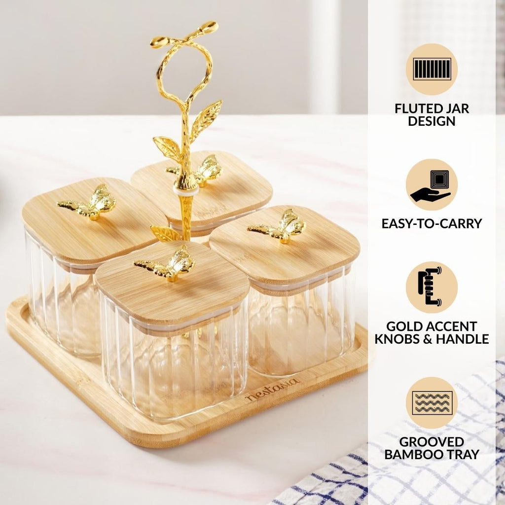 Gold Accent Jars With Stand Set Of 5 380ml Nestasia