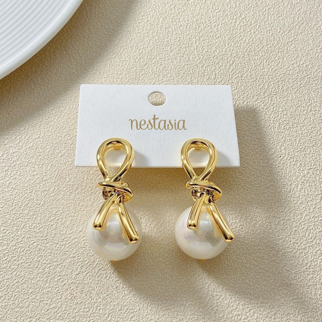 Gold Knot Lustrous Pearl Drop Earrings Nestasia