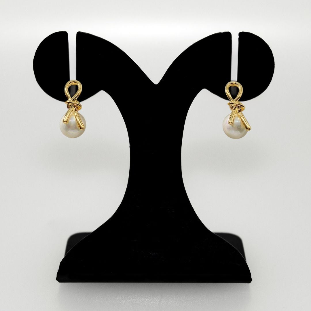 Gold Knot Lustrous Pearl Drop Earrings Nestasia