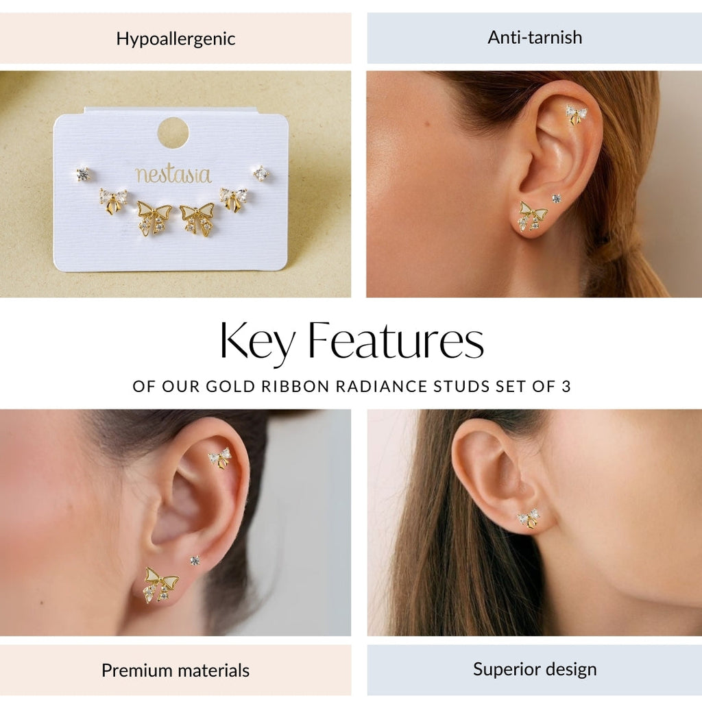 Gold Ribbon Radiance Studs Set Of 3 Nestasia