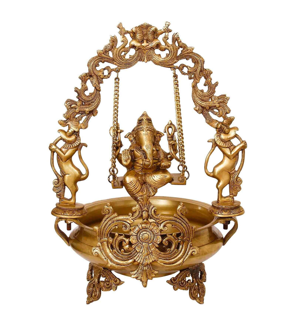 Golden Brass Decorative Lord Ganesha On Swing Premium Brass Urli Kafalo