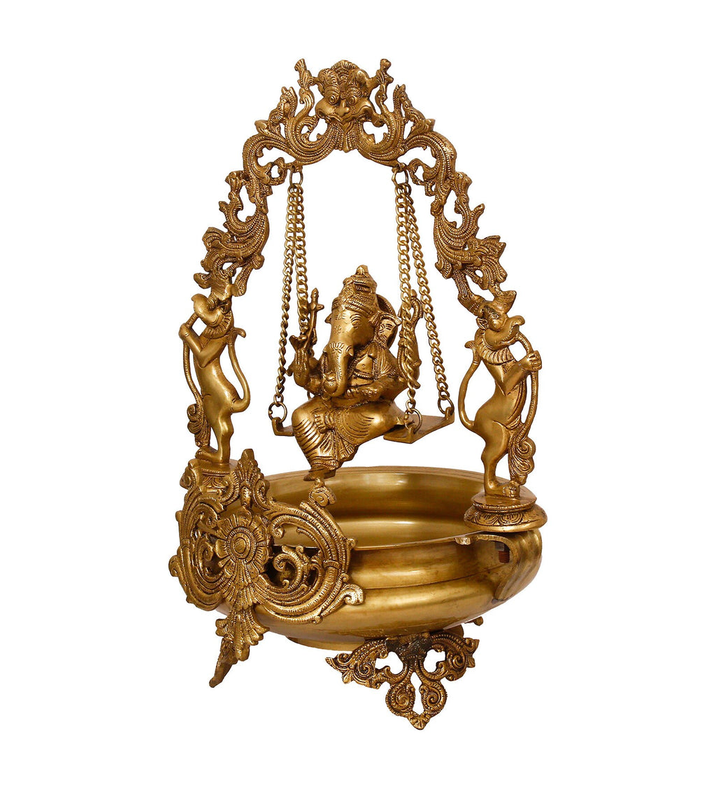 Golden Brass Decorative Lord Ganesha On Swing Premium Brass Urli Kafalo