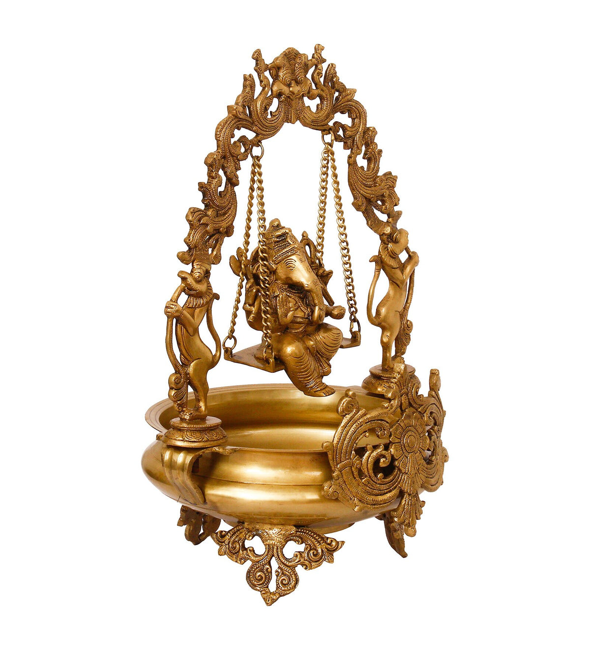 Golden Brass Decorative Lord Ganesha On Swing Premium Brass Urli Kafalo