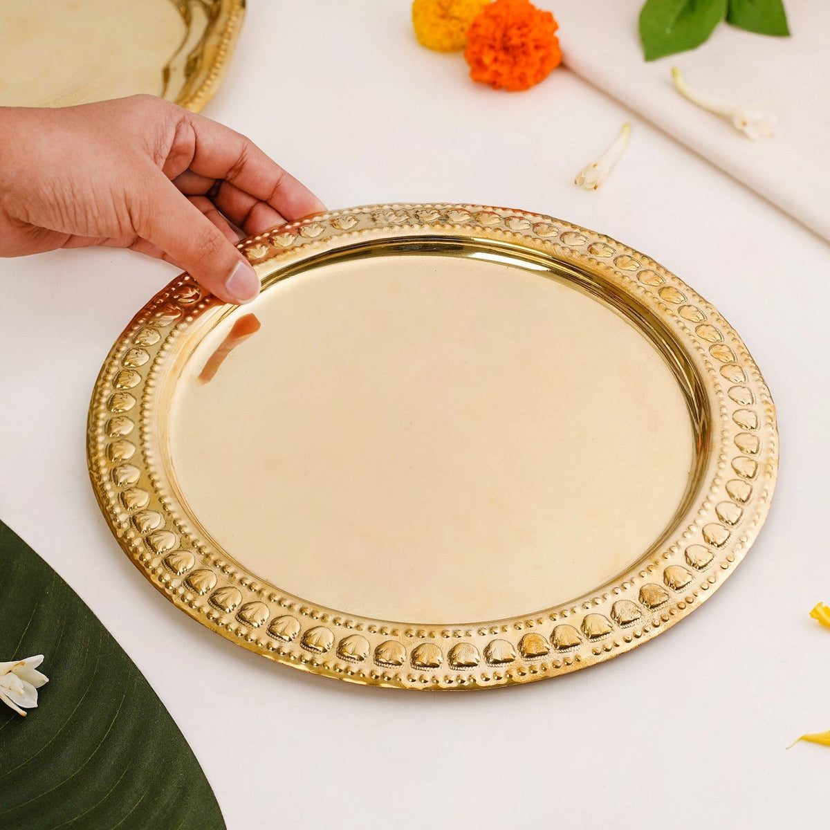 Veda Pure Brass Round Tray With Embossed Design 26cm Nestasia