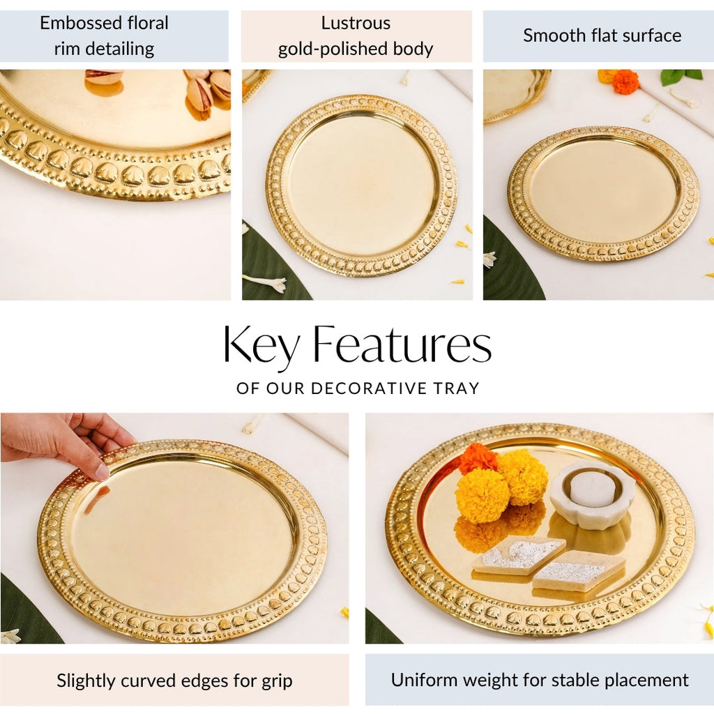 Veda Pure Brass Round Tray With Embossed Design 26cm Nestasia