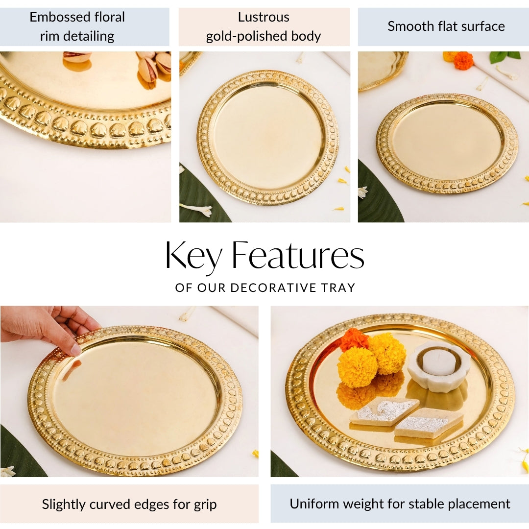 Veda Pure Brass Round Tray With Embossed Design 26cm Nestasia