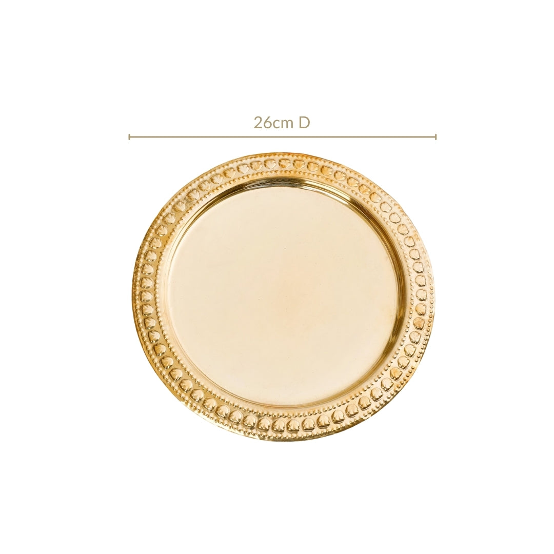 Veda Pure Brass Round Tray With Embossed Design 26cm Nestasia